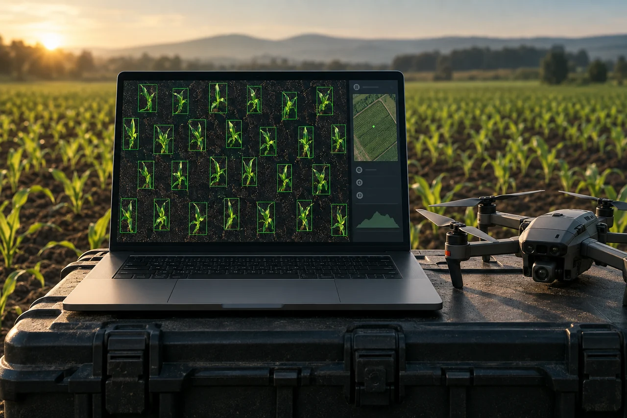 Ilustración de una laptop con plantas de maíz sobre fondo negro, identificadas con recuadros de detección, y un dron a su lado