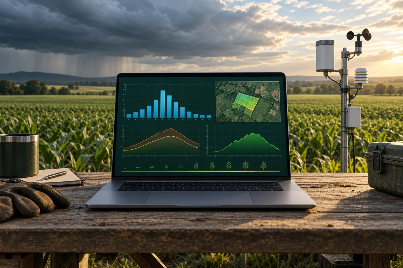 Ilustración de una laptop con gráficos de lluvias, temperaturas y vegetación, junto a una estación meteorológica en el campo