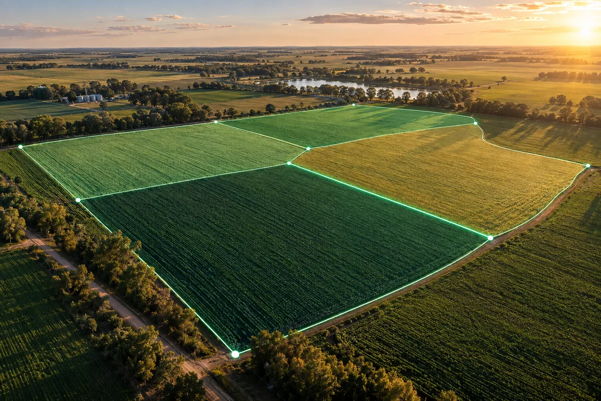 Lote agrícola con límites de polígonos y vértices editables sobre el terreno