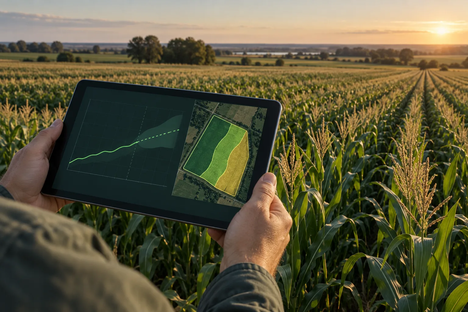 Tablet con una proyección de rendimiento y su rango de incertidumbre frente a un lote de maíz