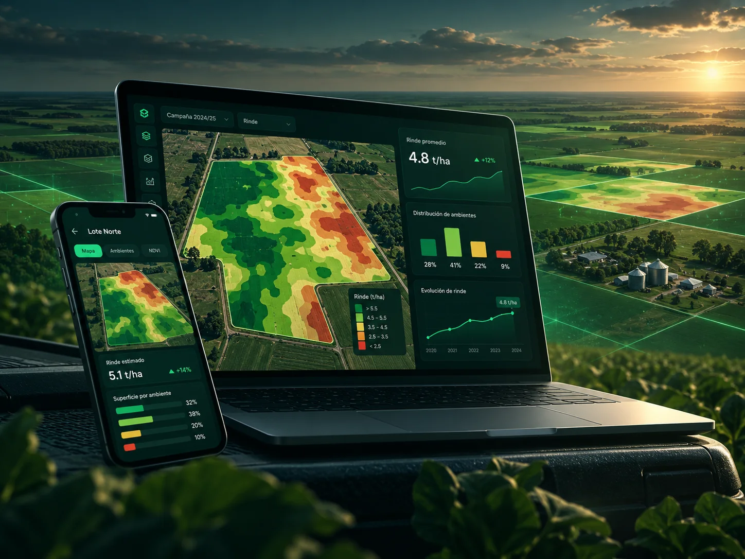 Mapas de productividad y datos del lote en una computadora y un teléfono