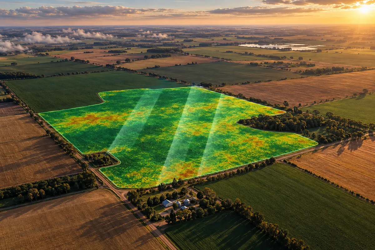 Vista aérea de un lote con variabilidad de vegetación resaltada para su análisis satelital