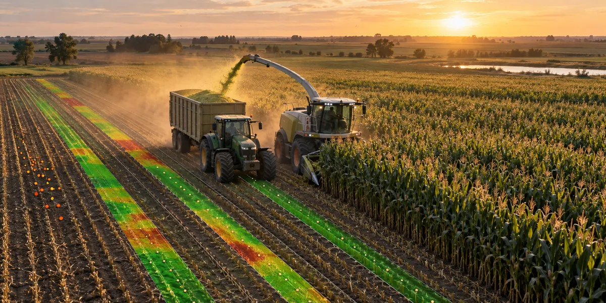 Picadora y tractor trabajando con un mapa de rendimiento sobre las pasadas del lote