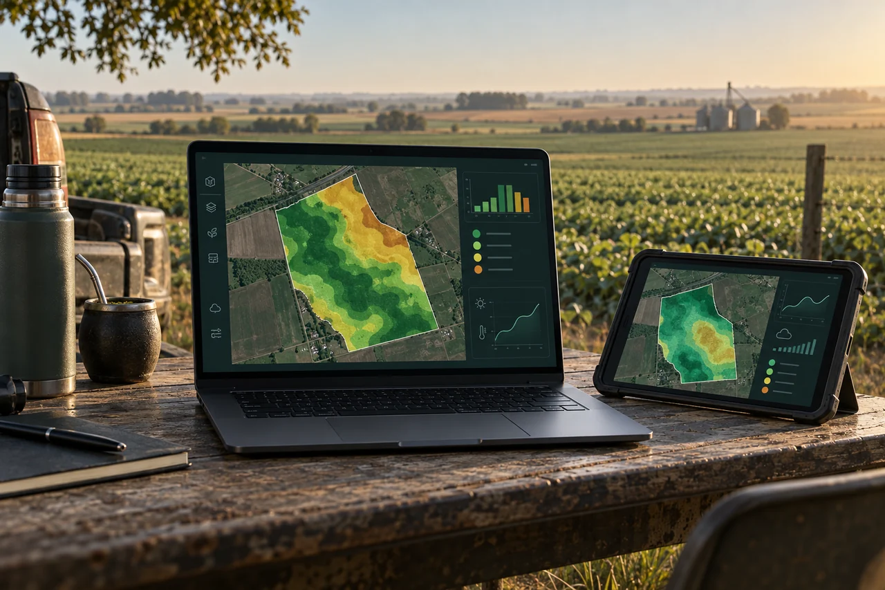 Ilustración de una laptop y una tablet con mapas de productividad y estabilidad frente a un lote agrícola