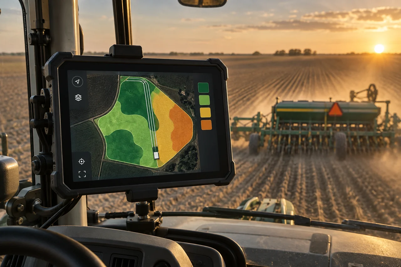 Ilustración de una tablet con un mapa de prescripción dentro de la cabina de un tractor durante la siembra